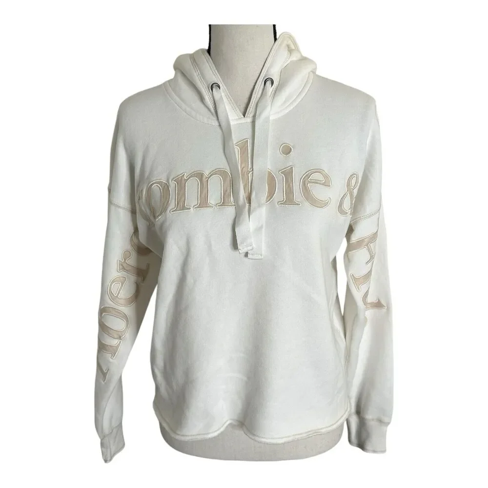 Abercrombie and Fitch Cream Cropped Hoodie XS Embroidered‎ Logo Pullover